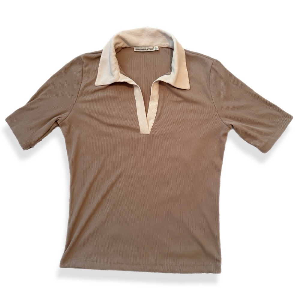 Abercrombie & Fitch Beige and Tan Polo Collar Ribbed Shirt | Size Women’s Small